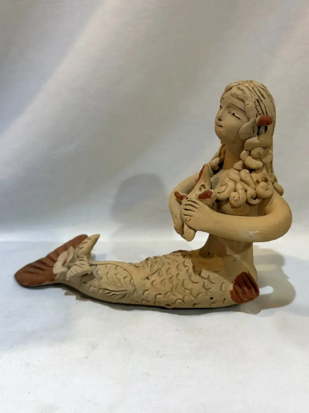 Handmade Clay Pottery Little Mermaid Holding Starfish Sculpture Figurine